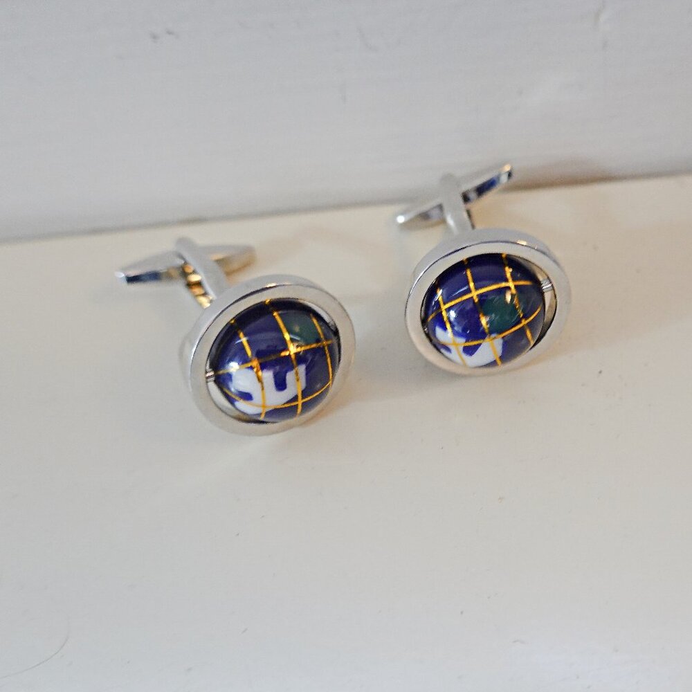 Spinning Blue and Silver World Globe Cufflinks